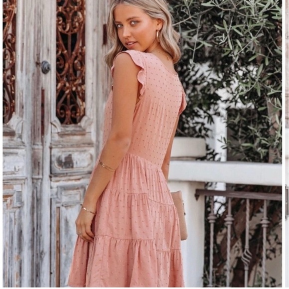 Sweet Wanderer Swiss Dot Blush Button-Front Tiered Mini Dress Size Medium - Picture 6 of 8